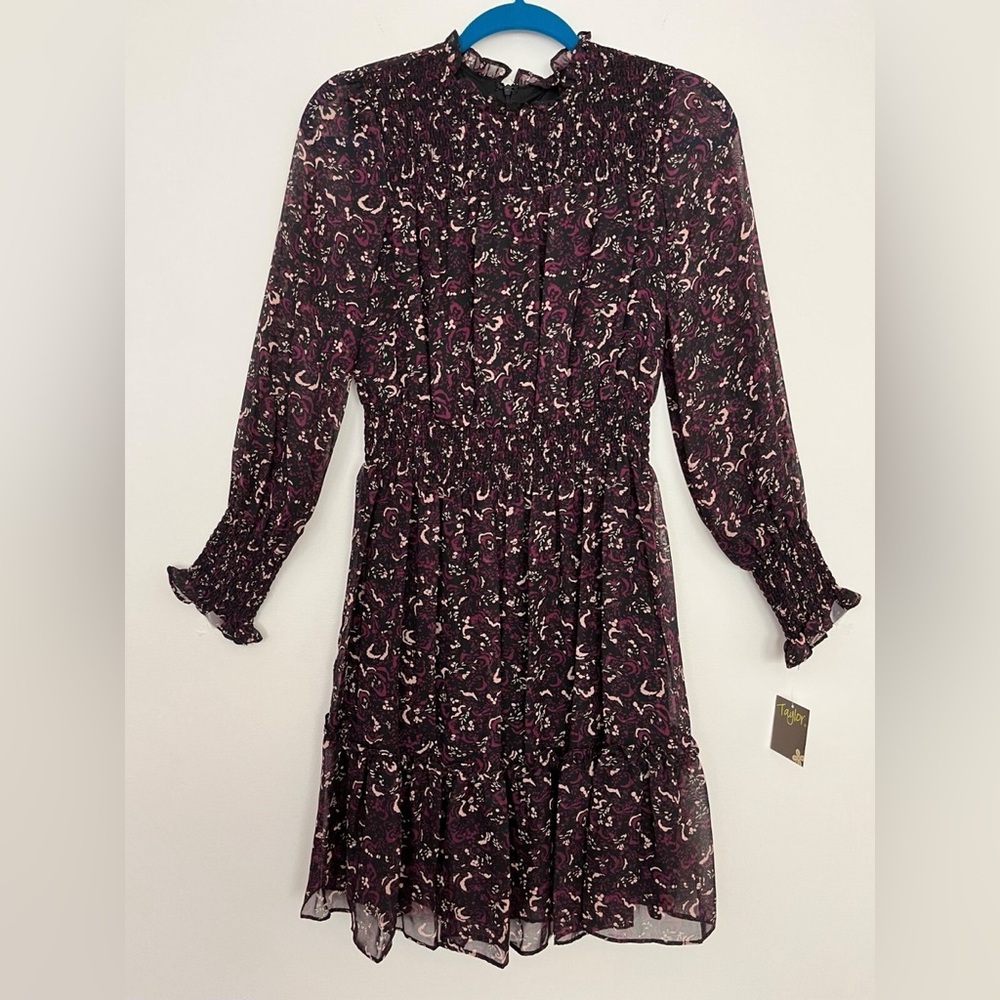 Taylor Burgundy Floral Print Midi Dress Womens Size 14 Ruffle Sleeve Fall